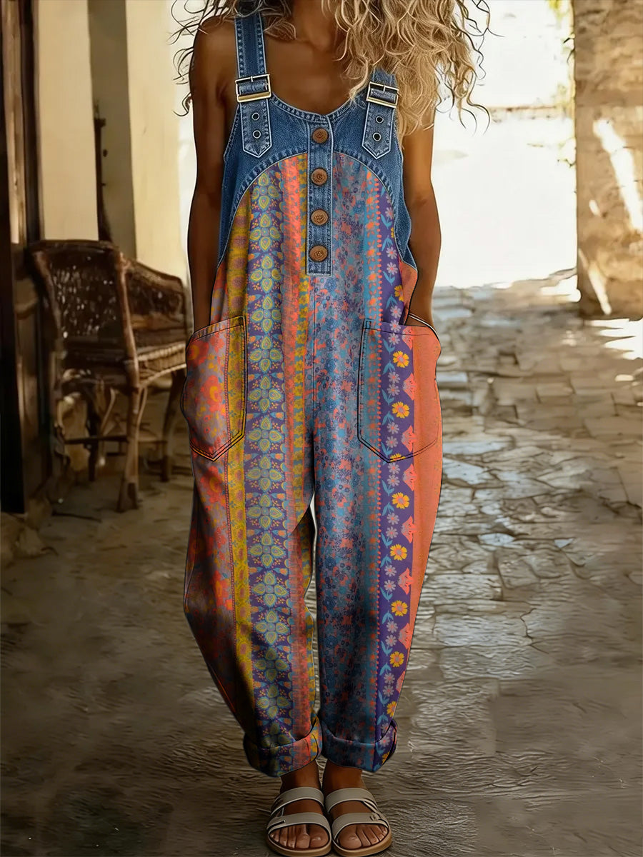 Women's Retro Floral Color-Blocked Art Print Washed Cotton Denim Patchwork Jumpsuit